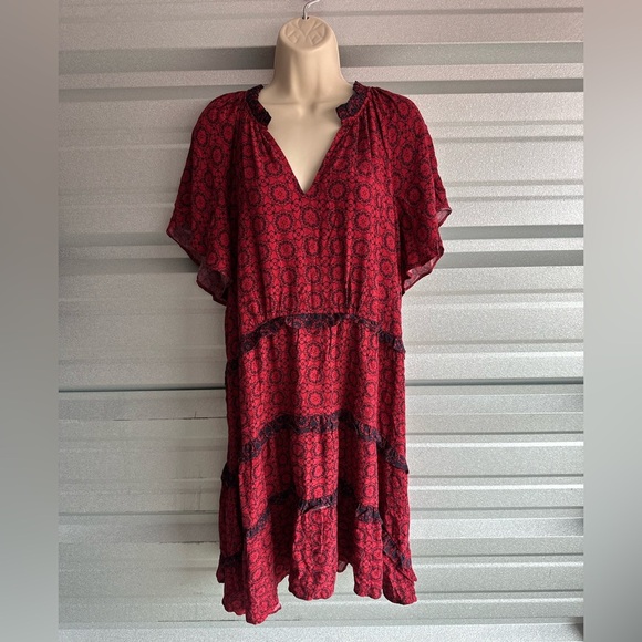 Women’s Gorgeous Red Black Anthropologie Robin Tiered Mini Dress Size 1X - Picture 1 of 14